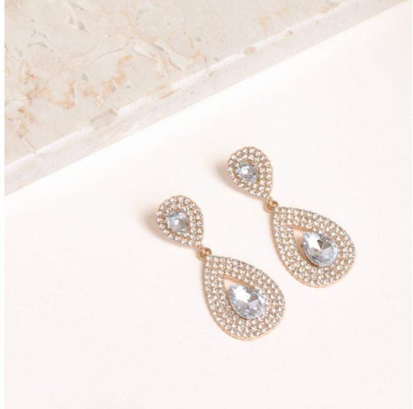 Crystal Double Teardrop Earrings In Gold Colour- Women Jewelry