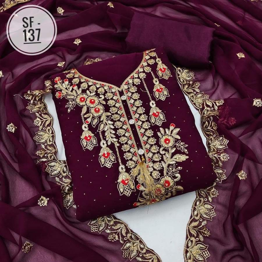 Unstitched Weightless Georgette Embroidery and Stone Work Shalwar Kameez