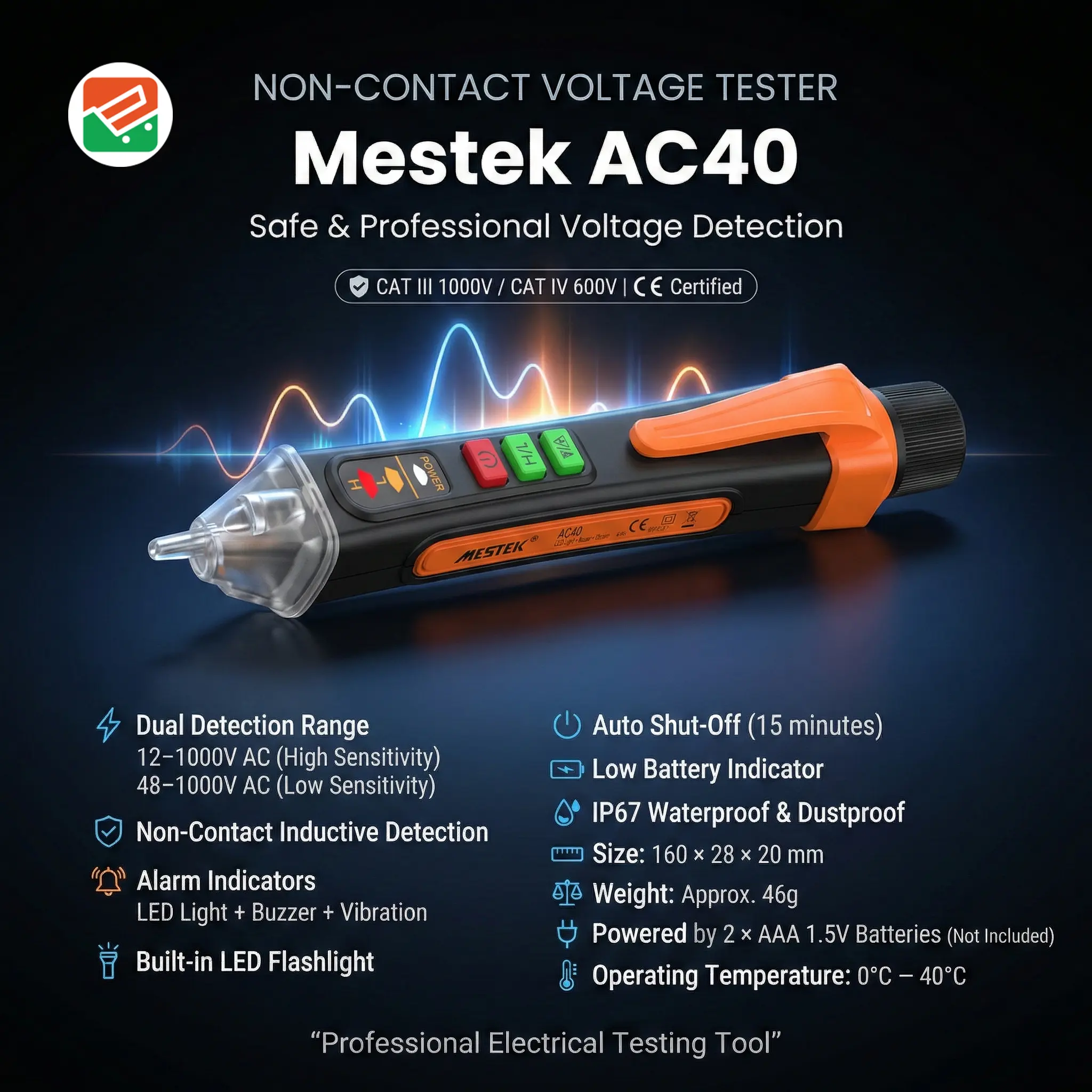 Non-Contact Voltage Tester 12-1000V Digital Voltage Tester (Mestek AC40)